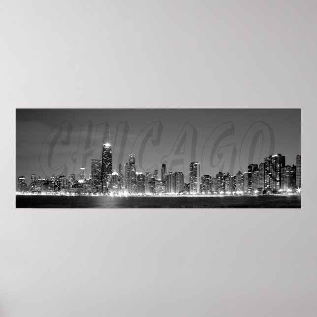 Panoramisk Poster av Chicago Skyline på natten (Framsidan)