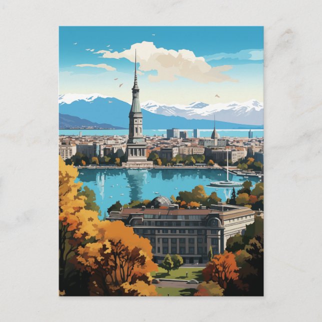 Panoramisk schweizisk Lakeside Cityscape Helg Vykort (Framsida)