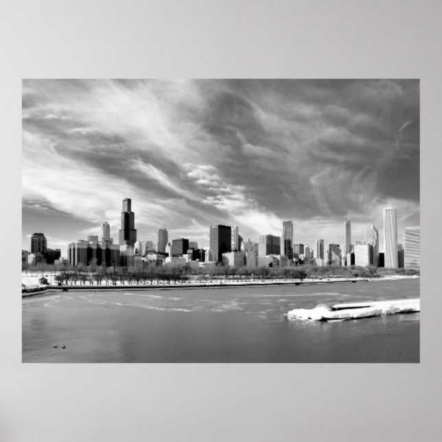 Panoramisk syn på Chicago skyline på vintern Poster (Framsidan)