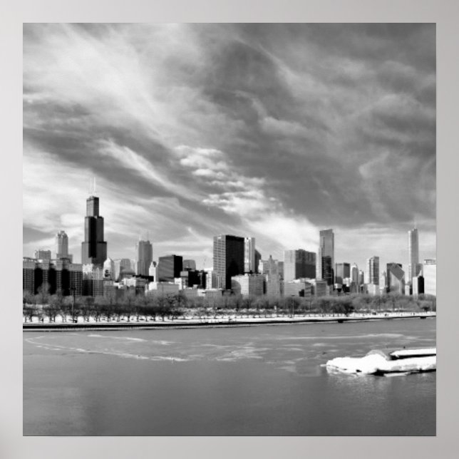 Panoramisk syn på Chicago skyline på vintern Poster (Framsidan)