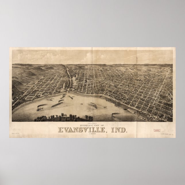 Panoramisk syn på Evansville, Indiana (1880) Poster (Framsidan)