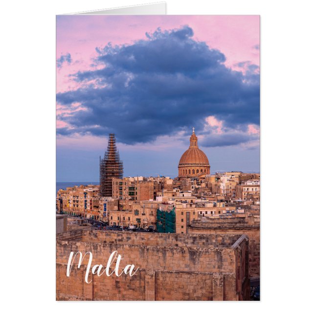 Panoramisk syn på solnedgång över Valletta Hälsningskort (Framsidan)