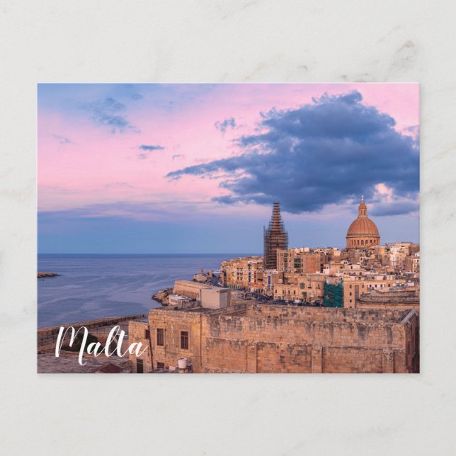 Panoramisk syn på solnedgången över Valletta Canva Vykort (Framsida)