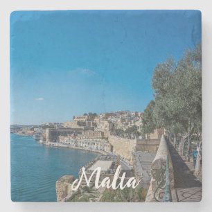 Panoramisk syn på stadens vägg och hamn i Valletta Stenunderlägg