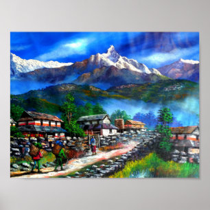 Panoramisk syn på varje bergsbergsregion Nepal Poster