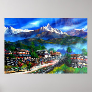 Panoramisk syn på varje bergsbergsregion Nepal Poster
