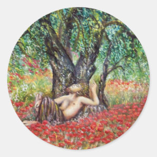 PANORERA, DET OLIVGRÖNA TRÄD OCH VALLMOFÄLT RUNT KLISTERMÄRKE