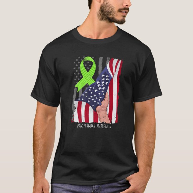 Pans/Pandas Awareness American Flag Lime Green Rib T Shirt (Framsida)