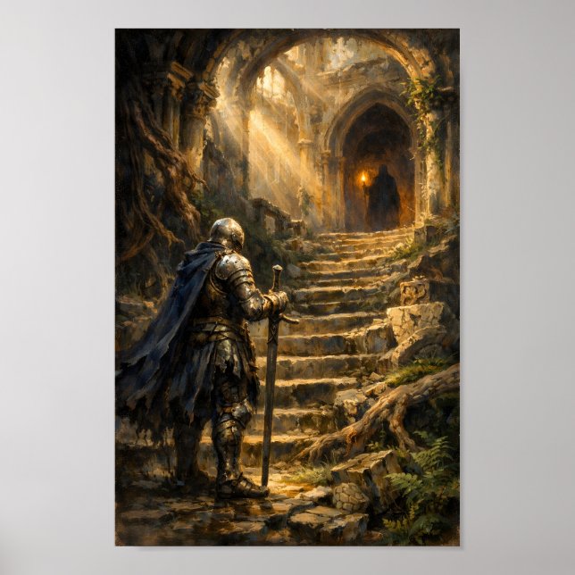 Pansarriddare mot slöjad figur i tempel poster (Framsidan)