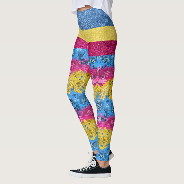 Pansexual Dragon Damask Glitter Pride Flagga Färg Leggings (Vänster)