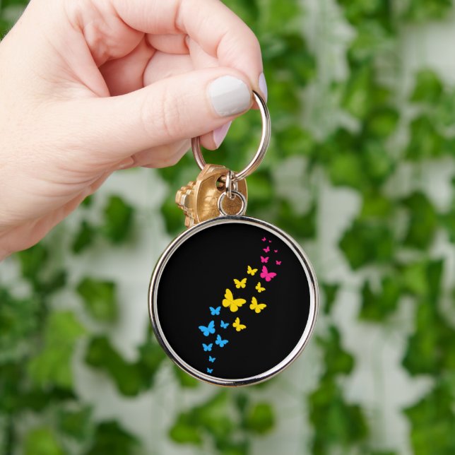 Pansexual Pride Butterfly Trail Rund Silverfärgad Nyckelring (Hand)