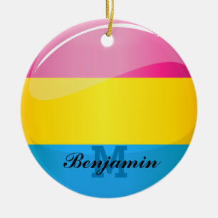 Pansexual prideflagga för glansig runda julgransprydnad keramik