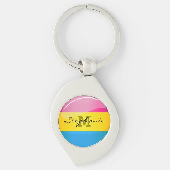 Pansexual prideflagga för glansig runda swirl silverfärgad nyckelring (Framsidan)