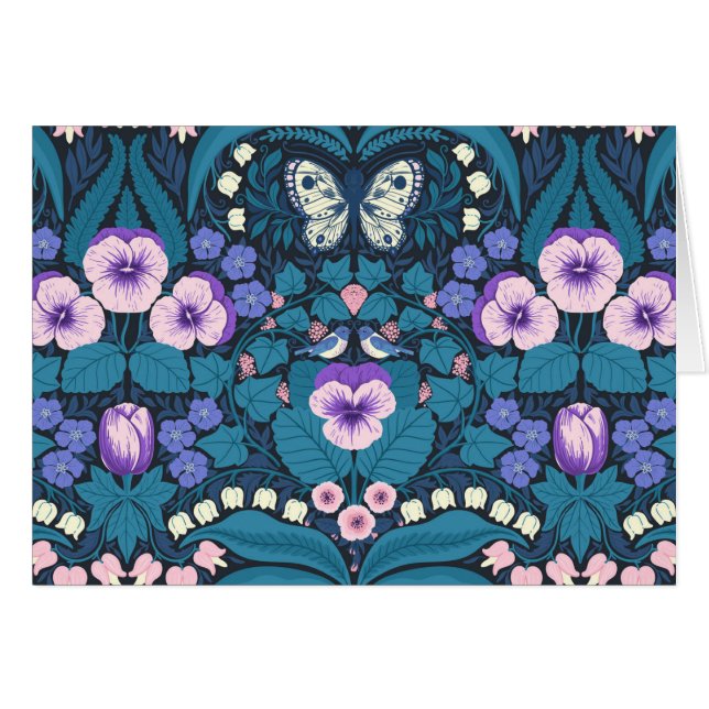 Pansier, fåglar och fjärilar hälsningskort (Framsidan Horizontal)