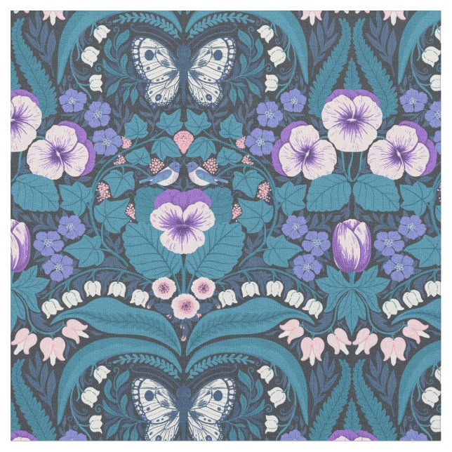 Pansier, fåglar och fjärilar tyg (Närbild)