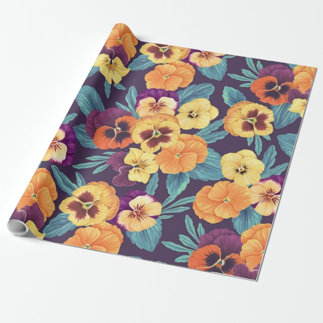 Pansier på plumviolett presentpapper (Utrullad)