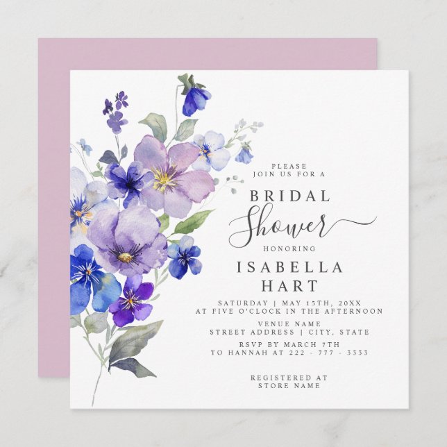 Pansies Botanical Blommigt Lilac Blue Möhippa Inbjudningar (Fram/baksida)