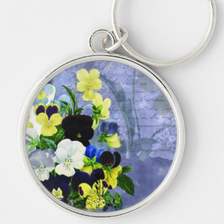 Pansies Heart Bröllop Keychain Rund Silverfärgad Nyckelring