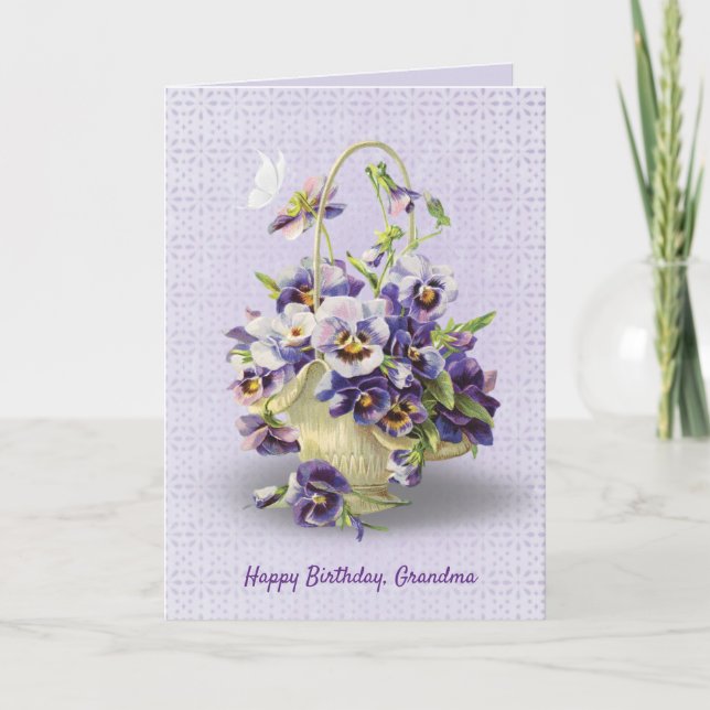 Pansy basket på glaset för mormors födelsedag kort (Framsida)