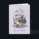 Pansy Birthday för Friend Kort<br><div class="desc">Pansy bouquet i basket på ögonelet-bakgrunden till Friends födelsedag.</div>