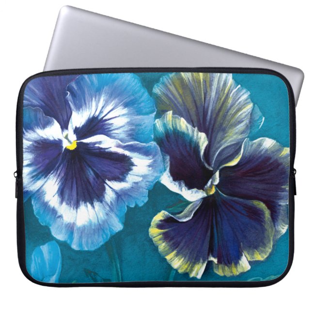 Pansy-blommor blommigt målarakvblått laptop fodral (Framsidan)
