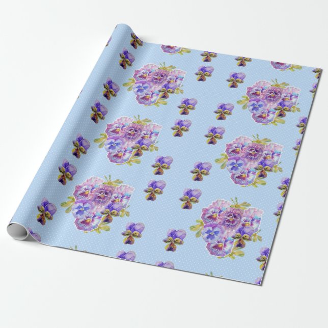Pansy-blommor blommigt Shabby chic Blue Wrapping Presentpapper (Utrullad)