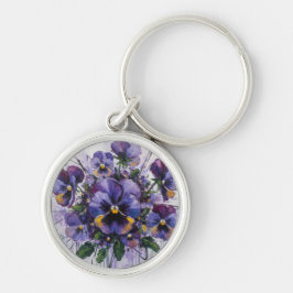 Pansy Bloom - Floral Charm Rund Silverfärgad Nyckelring