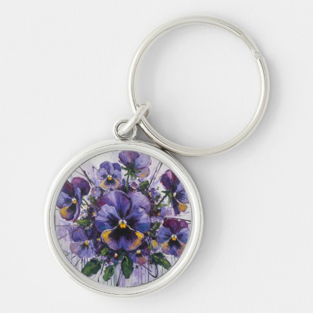 Pansy Bloom - Floral Charm Rund Silverfärgad Nyckelring (Framsidan)