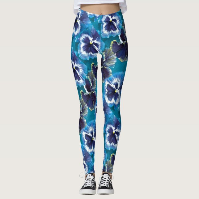 Pansy Blue Blommor Leggings (Framsida)