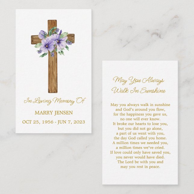 Pansy Cross Memorial Funeral Prayer Card Visitkort (Fram/baksida)