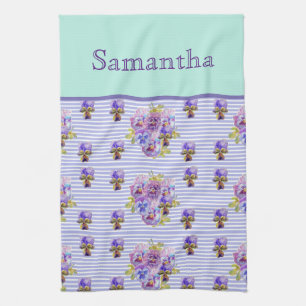 Pansy Flower Aqua Rand art blommigt Girls Namn Kökshandduk