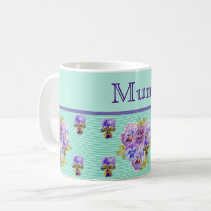 Pansy Flower Aqua Rand blommigt Morsa Mors dag Co Kaffemugg