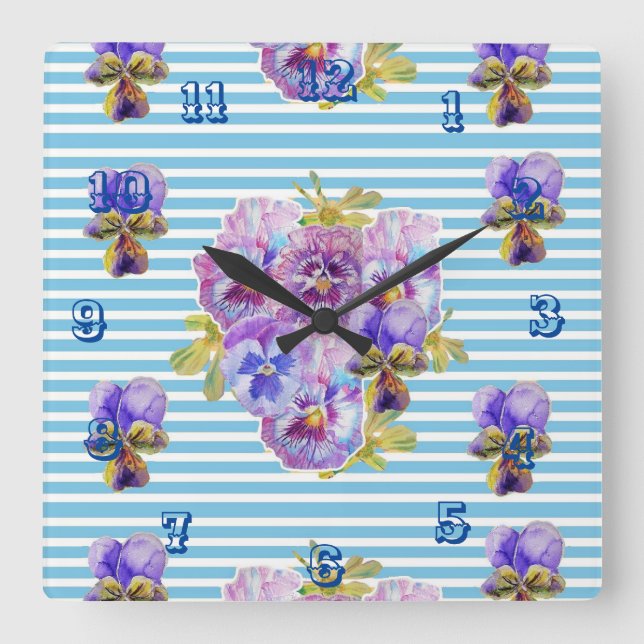 Pansy Flower Blommigt Art i Shabby chic Blue Rand Fyrkantig Klocka (Framsida)