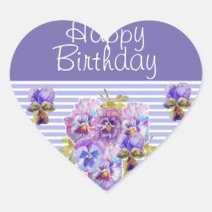 Pansy Flower Lila Rand blommigt Grattis på födelse Hjärtformat Klistermärke