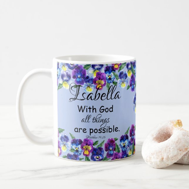 Pansy Flowers Blommigt Christian Scripture Namn Kaffemugg (Med munk)