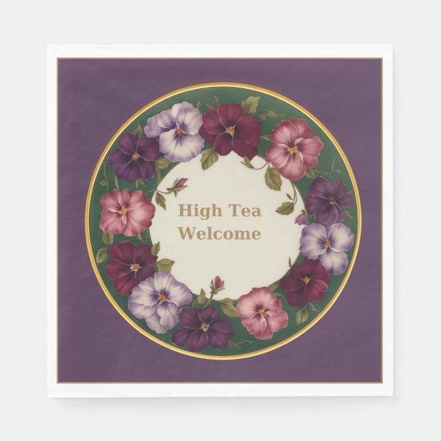 Pansy High Tea Napkins • Deep Plum & Gold Pappersservett (Framsidan)