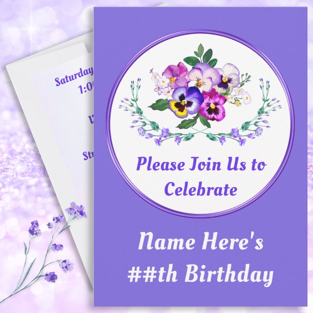 Pansy-inbjudningar, Söt-födelsedagsinbjudningar Inbjudningar (Purple, Pansy Invitations. Personalized, Birthday Invitations with Photo. Custom, Pansies Birthday.)