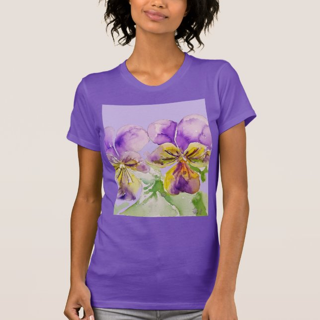 Pansy Lila Violas viola blommigt Vattenfärgsblomma T Shirt (Framsida)