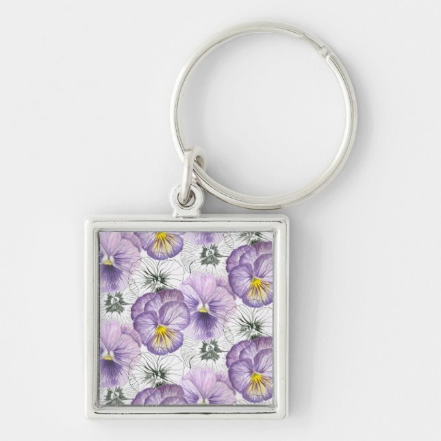 Pansy mönster fyrkantig silverfärgad nyckelring (Framsidan)