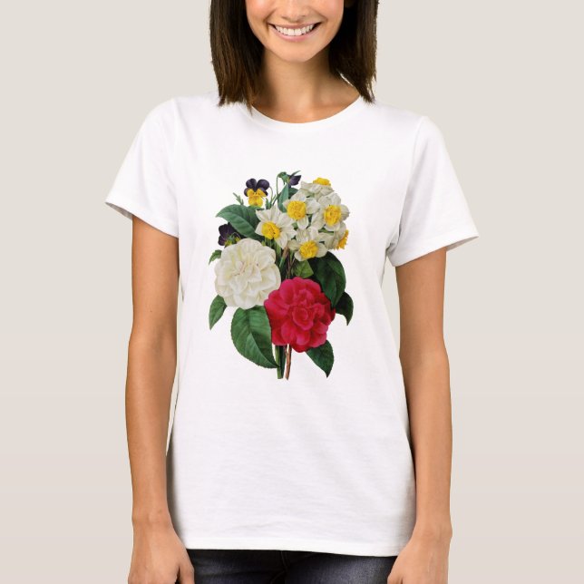 Pansy, Narcissus och Camellia Bouquet av Redoute T Shirt (Framsida)