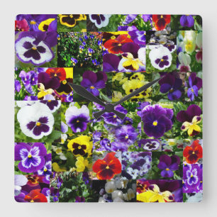 Pansy Photo Collage: Kaleidoscope of Blommigt Beau Fyrkantig Klocka