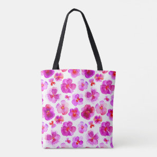 Pansy rosa blommigt blomma vattenfärgssäck konst v tygkasse