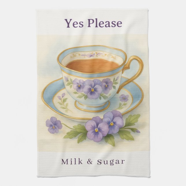 Pansy Teacup Tea Towel | Yes Please Milk & Sugar Kökshandduk (Vertikal)