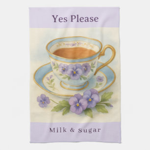 Pansy Teacup Tea Towel Yes Please Milk & Sugar Kökshandduk