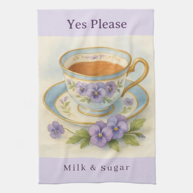Pansy Teacup Tea Towel | Yes Please Milk & Sugar Kökshandduk (Vertikal)