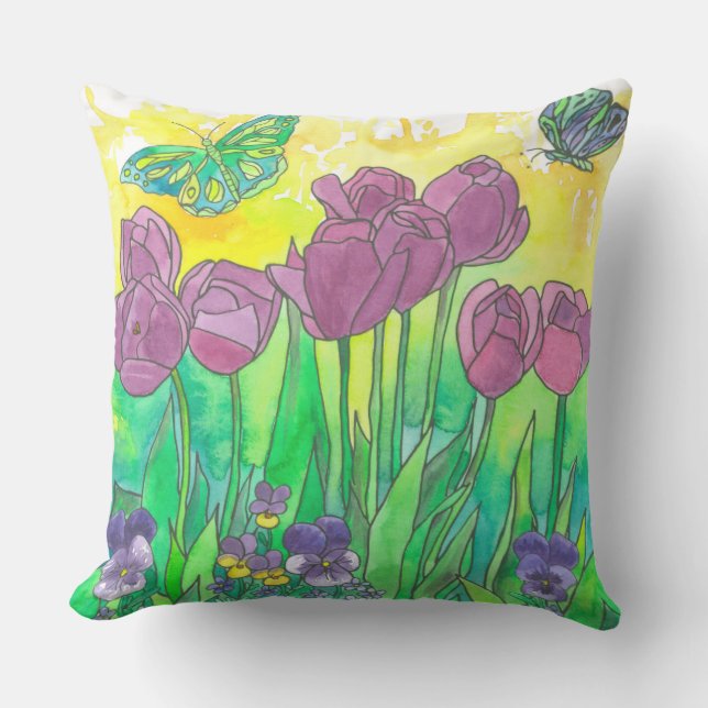 Pansy Tulip Lila Watercolor Blomsterträdgård Utomhuskudde (Framsida)
