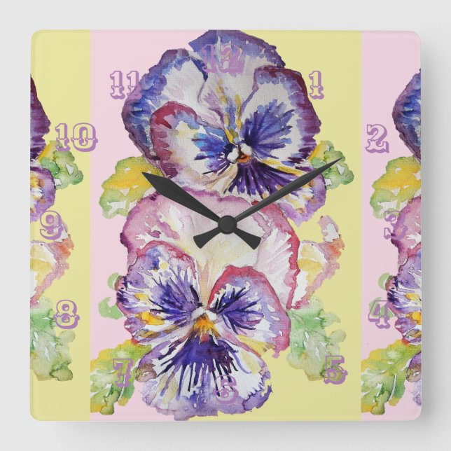 Pansy Watercolor Blommigt Flower Barn Room Clock Fyrkantig Klocka (Framsida)
