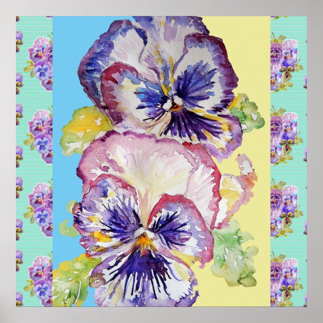 Pansy Watercolor Flower Painting Aqua Poster (Framsidan)