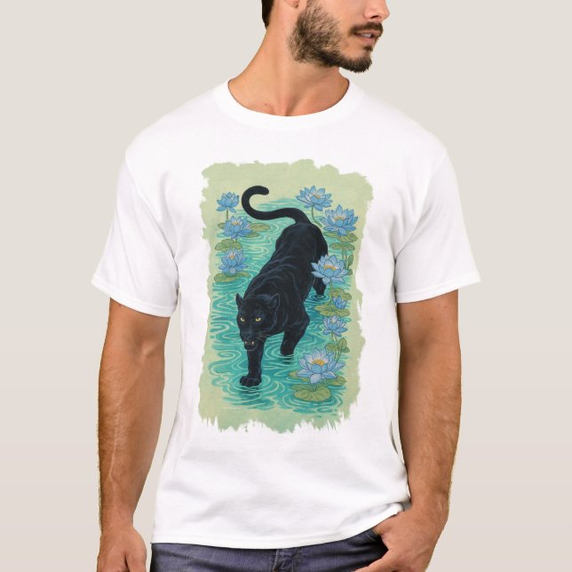 Panter kryper genom blå lotusblommor t shirt (Framsida)