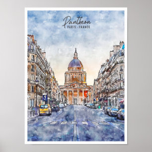 Pantheon Paris Frankrike vintage resor akvarell Poster